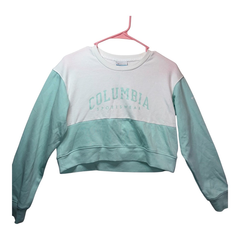 Columbia Colorblock Logo Crewneck Fleece Pullover Sweatshirt Women's XS Cropped - Picture 3 of 8
